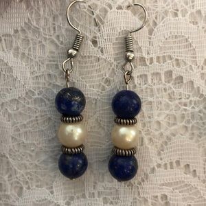 Navy marble and pearl dangle
